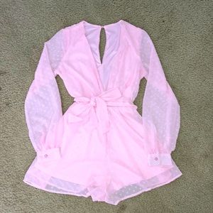 A'Gaci Romper Size S Long Sleeve Pink Tie Sheer Heart Textured Deep V Neck